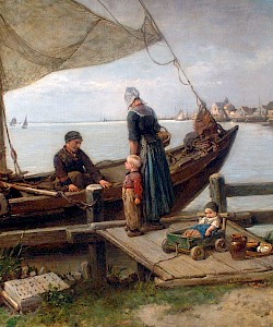 Vissersfamilie bij afgemeerde botter
