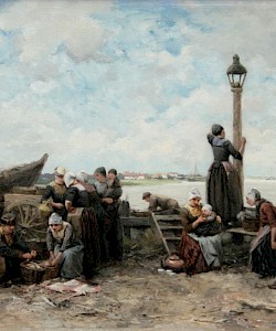 Een groepje Volendammers op de helling met uitzicht op de haven