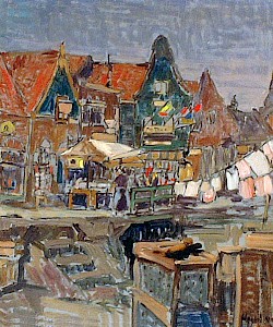 Een wasdag in Volendam, gezicht op oude huizen aan de haven
